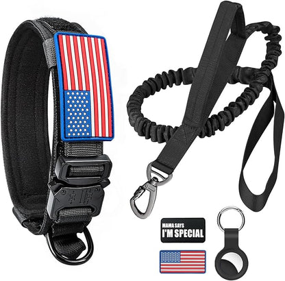 Tactical Dog Collar and Bungee Leash,Military Dog Collar & Leash Set with USA American Flag Adjustable K9 Collar with Heavy Duty Metal Buckle & Handle,with Patches and Airtags Case (M, Black)