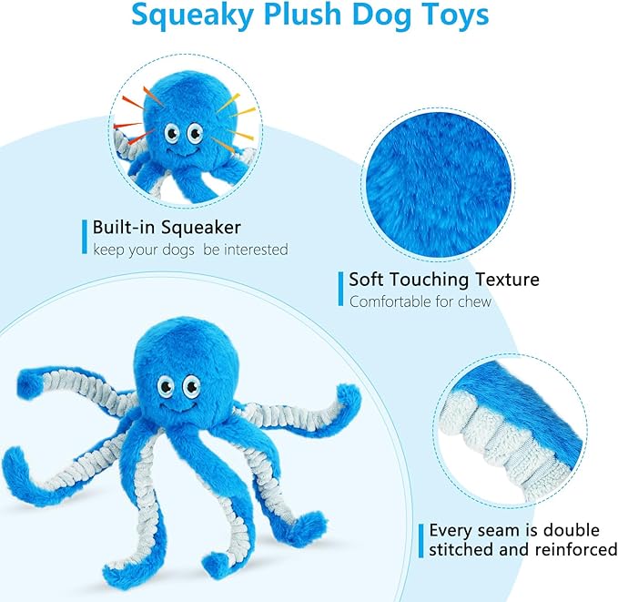 Eneston Dog Toys with Crinkle Paper- Octopus Stuffed Dog Squeak Toy Interactive Tug of War Puppy Toys for Small, Medium, Large Dogs
