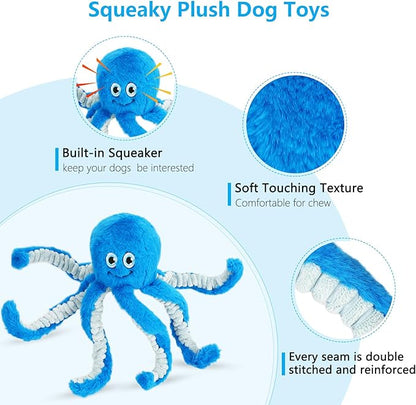 Eneston Dog Toys with Crinkle Paper- Octopus Stuffed Dog Squeak Toy Interactive Tug of War Puppy Toys for Small, Medium, Large Dogs