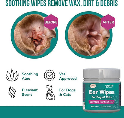 Benefit Pet Products Dog Ear Wipes - Ear Cleaner for Dogs to Prevent Infections, Itching & Odor - Aloe & Eucalyptus, Grooming Wipes - 100 Count