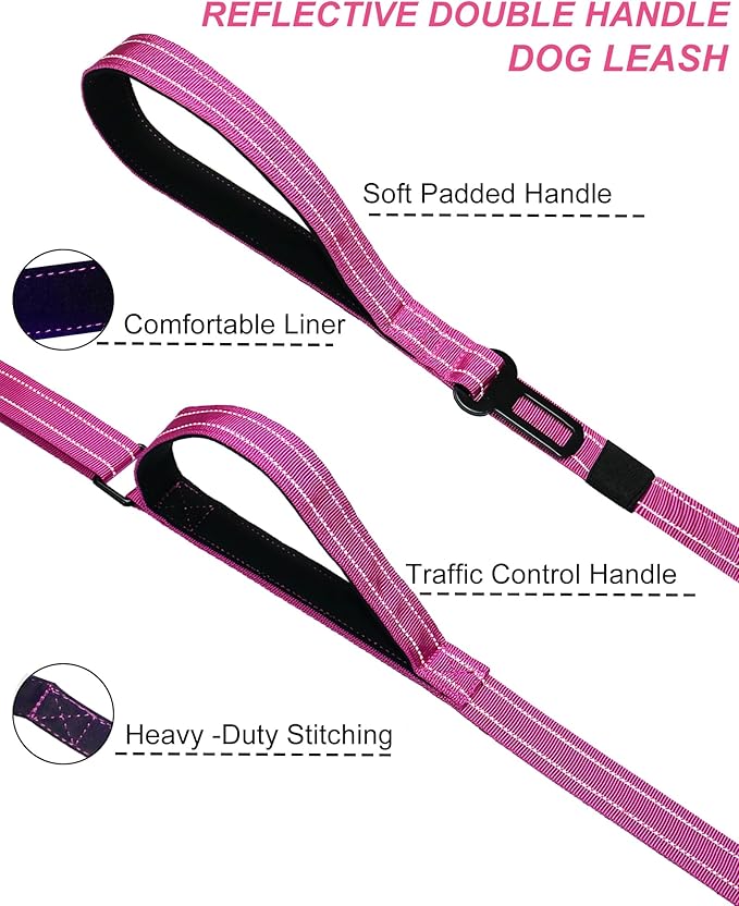 AUBELL Double Handle Tactical Dog Leash Heavy Duty for Small and Medium Large Dogs,Reflective Adjustable Nylon Leash That Pull with Car Seatbelt for Training,4.5-6FT,Pink