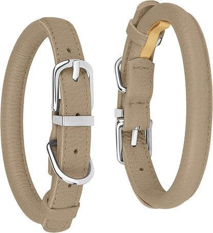 OOPSDOGGY Rolled Leather Dog Collar Soft Roll Collars for Small Medium Large Dogs Puppy (Beige, L, 14"-18")