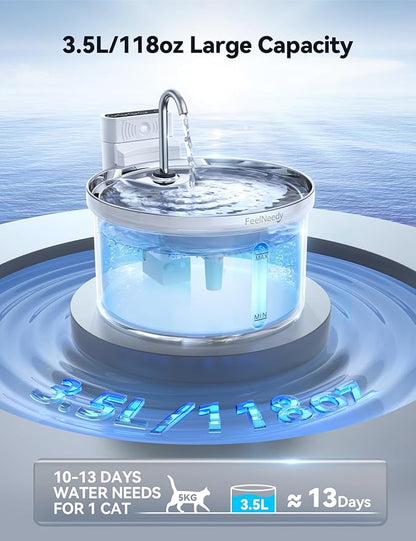 Wireless Cat Water Fountain with Sensor [Water & Battery Separation] FEELNEEDY Smart Pet Water Fountain, 3.5L/118oz 4000mAh Battery Operated Water Fountains for Cats Dogs + 6 Filters