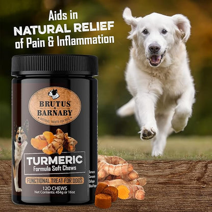 BRUTUS & BARNABY Turmeric for Dogs Anti Inflammatory Pain Relief - Curcumin for Dogs Chews with Collagen & Bioprene - Turmeric Supplement for Dogs Hips, Joint & Mobility Support (120 Count)