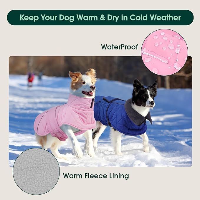 Kuoser Dog Jacket Warm Fleece Lined Dog Coats for Small Dogs, Waterproof Pet Coat Reflective Puppy Snowsuit with Harness Hole for Cold Weather Walking Hiking, Quilted Dogs Winter Vest, Pink, S