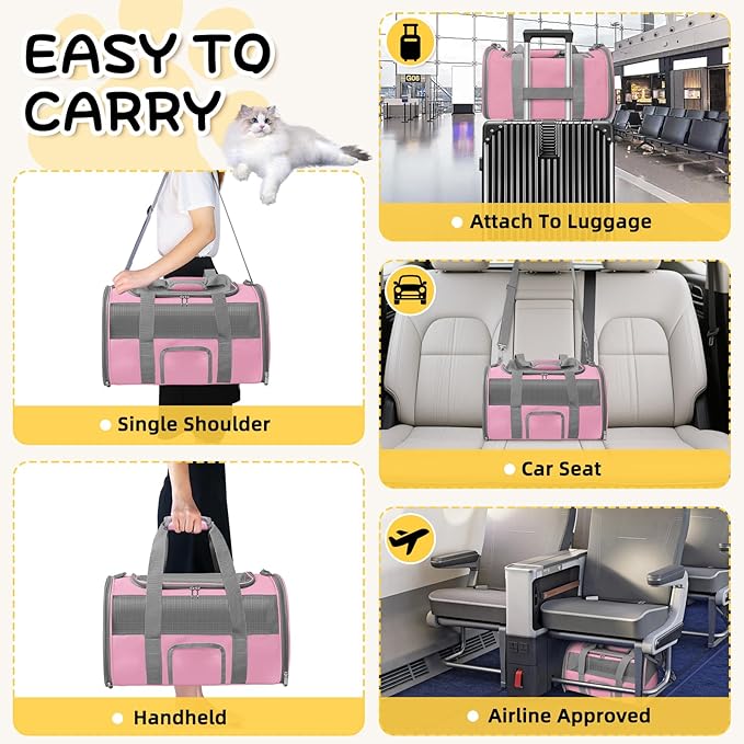 Seclato Soft Side Cat Carrier Airline Approved for Puppy Kitten Dog Carriers for Small Medium Cats Under 15lb, Collapsible TSA Approved Travel Pet Carrier, Pink with Grey