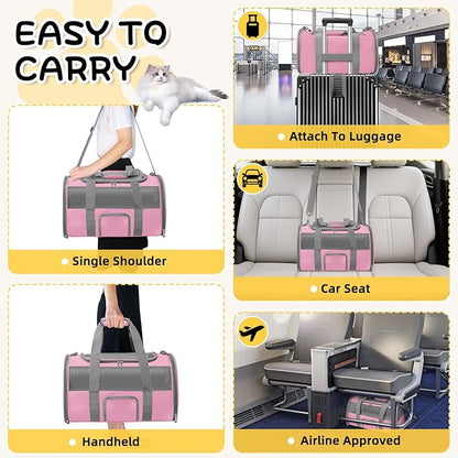 Seclato Soft Side Cat Carrier Airline Approved for Puppy Kitten Dog Carriers for Small Medium Cats Under 15lb, Collapsible TSA Approved Travel Pet Carrier, Pink with Grey