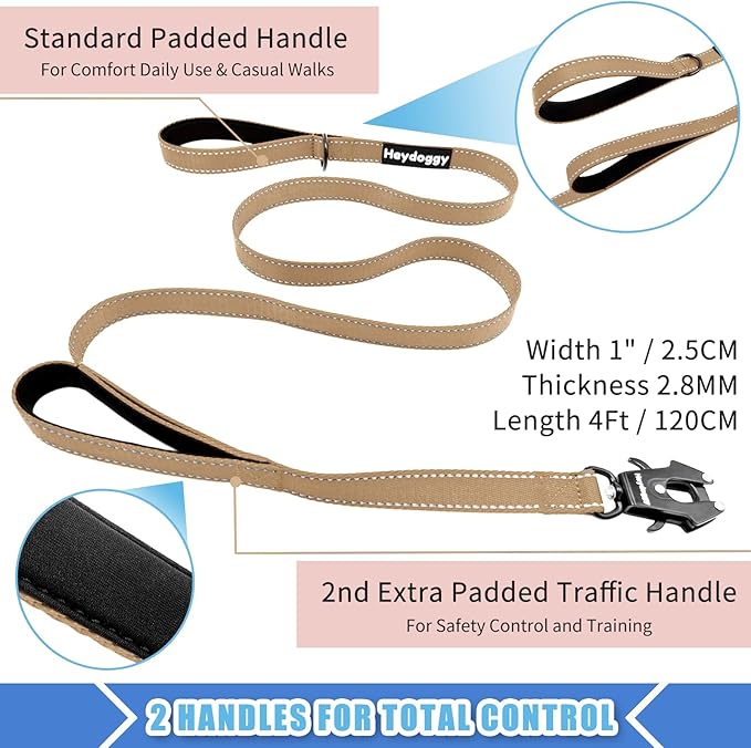 Strong Heavy Duty Dog Leash - 5ft Reflective Nylon Training Leash with Soft Padded Double Handle & Auto Lock Frog Clip - Safety Traffic Control for Large Medium Small Dogs No Pull Walk Khaki,4ft