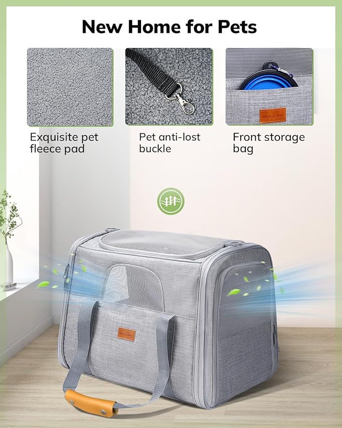 Morpilot Portable Cat Carrier - Soft Sided Cat Carrier for Medium Cats and Puppy up to 15lbs, Pet Carrier with Locking Safety Zippers, Foldable Bowl, Airline Approved Travel Dog Carrier - Light Gray