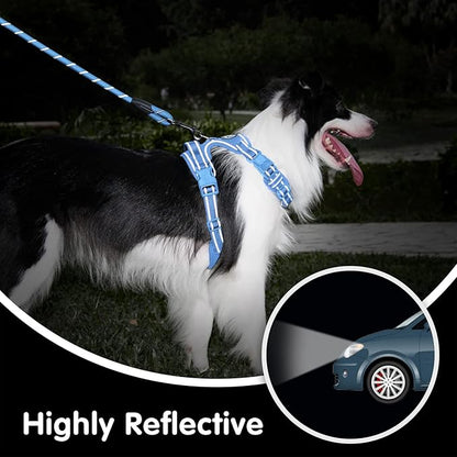 PoyPet No Pull Dog Harness and 5 Feet Leash Set, Release on Neck Reflective Adjustable Pet Vest, Front & Back 2 D-Ring and Soft Padded Pet Harness with Handle for Small to Large Dogs(Light Blue,L)