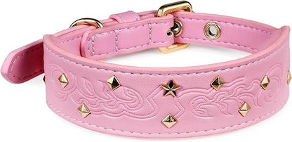 Blueberry Pet Premium Embossed Pink Glam Silver-Powered Freshness Microfiber Leather Dog Collar with Gold Studs