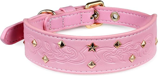Blueberry Pet Premium Embossed Pink Glam Silver-Powered Freshness Microfiber Leather Dog Collar with Gold Studs