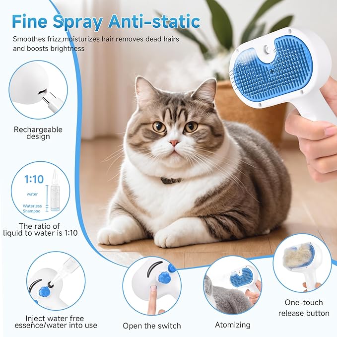 Pet Steam Brush for Dog & Cat - 3-in-1 Steam Grooming Brush for Shedding & Hair Removal - Pet comb leave-in serum with Mist for Long Haired Pets - Includes 2*Waterless Shampoo, Blue