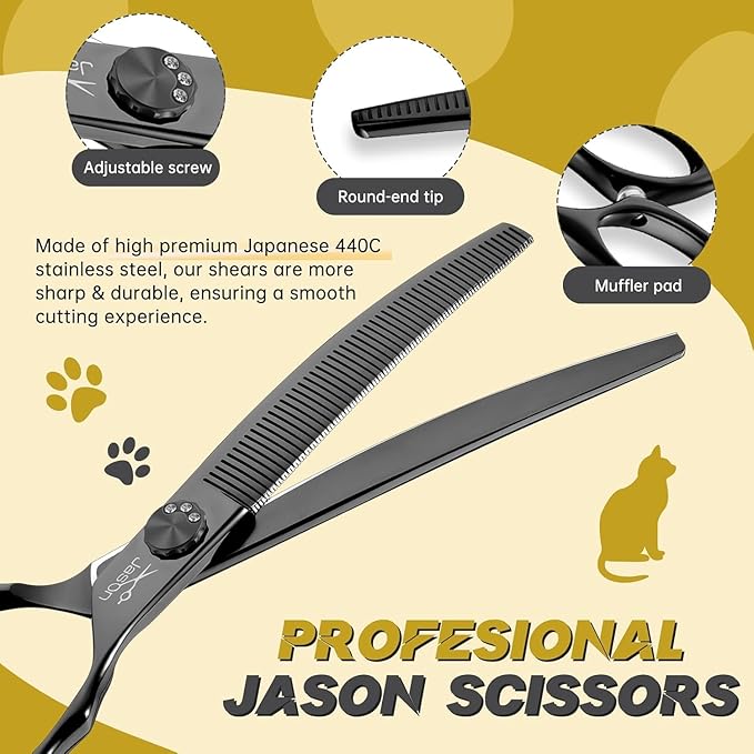 JASON Dog Thinners for Grooming - 7" Down-curved Blender Scissors, Japanese 440C Stainless Steel Dog Grooming Thinning Shears with Adjustable Screw Black