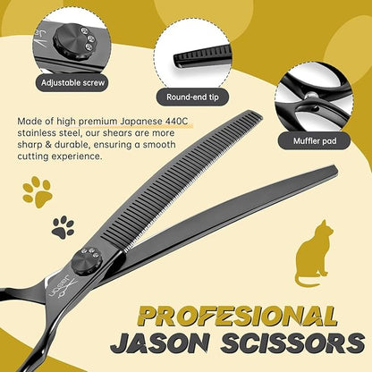 JASON Dog Thinners for Grooming - 7" Down-curved Blender Scissors, Japanese 440C Stainless Steel Dog Grooming Thinning Shears with Adjustable Screw Black