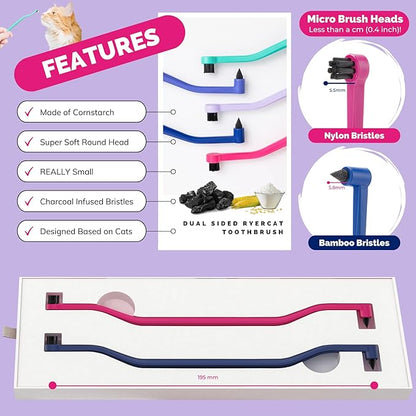 RYERCAT Set of Dual Sided Cat Toothbrushes - Kitten Toothbrush with Micro Head to fit into Kittens Mouth - Cat Dental Care Supplies Pet Toothbrush for Cats (Flamingo Pink and Space Blue)