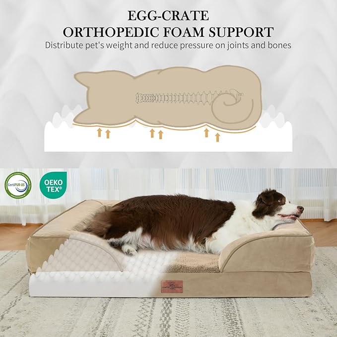 Comfort Expression Orthopedic Dog Bed for Medium Dogs 28x19 Inch, Waterproof Egg Crate Foam Medium Pet Bed with Removable Bolsters, Dog Couch with Washable Cover & Non-Slip Bottom, Light Brown