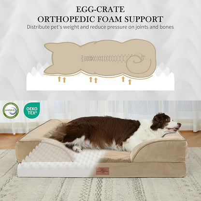 Comfort Expression Orthopedic Dog Bed for Extra Large Dogs 42x30 Inch, Waterproof Egg Crate Foam XL Pet Bed with Removable Bolsters, Dog Couch with Washable Cover & Non-Slip Bottom, Light Brown