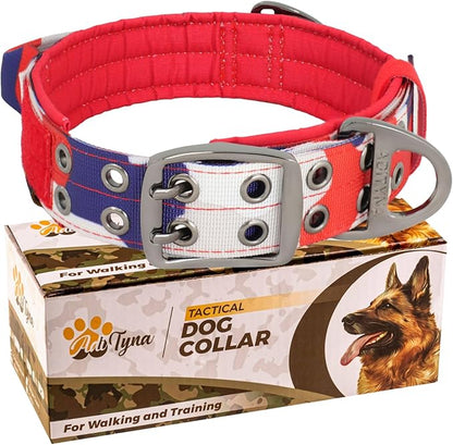 ADITYNA Heavy Duty Dog Collar for Large Dogs - Camo Red Blue Collar with Handle for Training, and Walking - Wide, Thick, Tactical, Soft Neoprene Padded