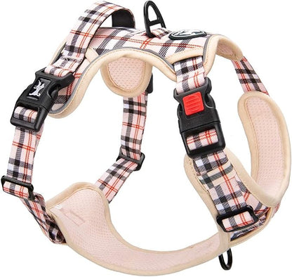 PoyPet Plaid Dog Harness, No Pull Front Clip Pet Vest Harness, Soft Padded Reflective Adjustable Walking Harness with Handle for Medium Dogs(Checkered Beige,M)