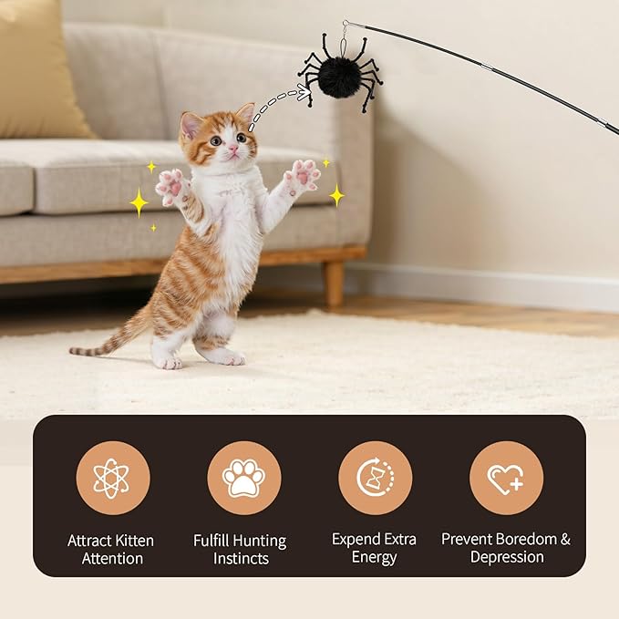VavoPaw 4-in-1 Interactive Cat Toys for Indoor Cats, Retractable Cat Wand Toy with Feather, Crinkle Paper Refills, Kitten Toys Teaser Wand for Bored Indoor Adult Cats and Kittens