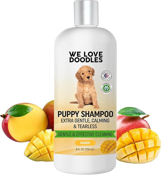 Puppy Shampoo & Conditioner | Made in USA | Tear Free | Best Shampoo for Puppies | Sensitive & Itchy Skin Wash | Oatmeal Bathing | Tearless, Mango, 8oz [We Love Doodles]