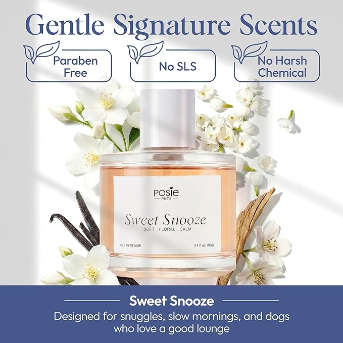 Posie Pets Dog Cologne Spray with Long Lasting Jasmine, Musk, and Vanilla Scent - Vegan Alcohol-Free Pet Deodorizer for Smelly Dogs - Water-Based Luxury Puppy Grooming Fragrance - Sweet Snooze, 100ml