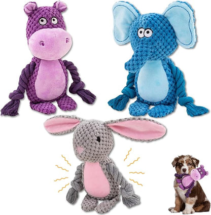 Leash and Leisure Plush Dog Toys, 3-Pack Variety Set with Squeaker, Crinkle Paper, Rope, Non-Toxic, Soft & Durable, Teething Puppy Toys- Farm Friends or Jungle Pals, 9.45 x 3.94 inches (Jungle Pals)