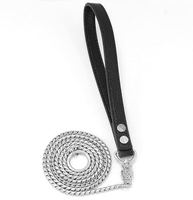 CaptainSteeL Stainless Steel Dog Leash, 3ft, 4ft, Integrated Dog Collar and Leash, 5mm 1m/1.2m Metal Dog Leash for Small and Large Pets, with Leather Handle