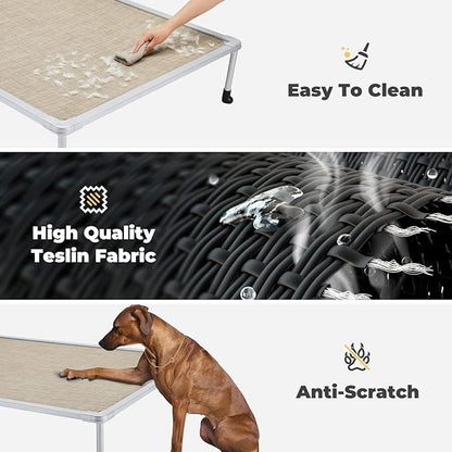 Veehoo Chewproof Elevated Dog Bed - Cooling Raised Pet Cot, Breathable Mesh, Washable & Non-Slip for large Dogs, Indoor/Outdoor, Beige Coffee Mat and Silver Metal Frame, 42x30inches (Model CWC2203B03)