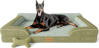 CWAWZ XXL Dog Bed for Extra Large Dogs, Giant Orthopedic Dog Bed with Cooling Gel Memory Foam, Waterproof Pet Bed with Removable Washable Cover, 53" Pet Sofa bed Dutch Velvet with Bone Toy, Dark Green