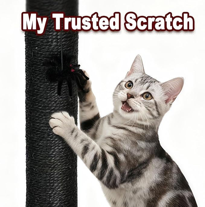 VIEFIN Gothic Cat Scratching Post with Bed, 34" Tall Cat Scratcher for Indoor Cats - Modern Sisal Scratch Post with Spider Dangling Toys for Kittens and Adult Cats