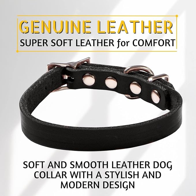 ADITYNA Black Leather Dog Collar for Small Dogs - Classic, Soft, Strong, Heavy Duty, Handmade Top-Grain Leather - for Walking, Training, and Hiking