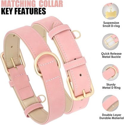 Beirui Soft Padded PU Leather Dog Collar and Leash Set, Durable Dog Leash and Collar Set with Metal Buckle, Breathable Pet Collars with 4FT Leash for Large Dogs(Pink, Neck 16-21")