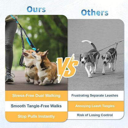 Double Dogs Leash - Removable Main Lead Rope with Splitter, No Tangle 2 Dog Coupler, Reflective No Pull Bungee, 3 Handle, D-Ring, Extra Long for Walk Train Medium Large Two Pet (Blue)