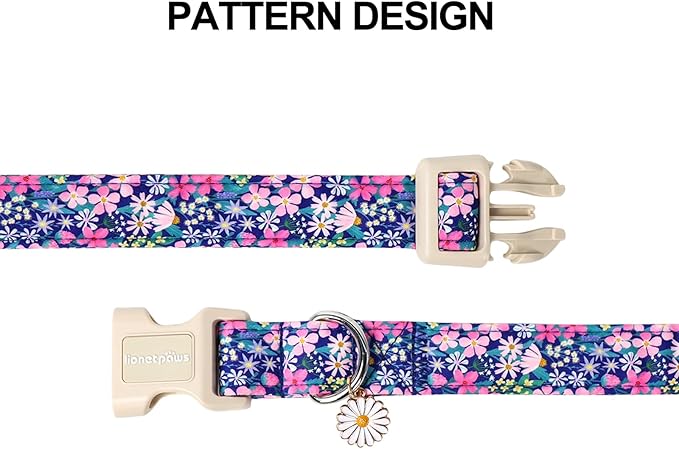 Lionet Paws Floral Dog Collar- Cute Spring Wildflowers Daisy Fleabane Dog Collars with Plastic Buckle,Light Adjustable Dog Collars for Medium Large Dogs