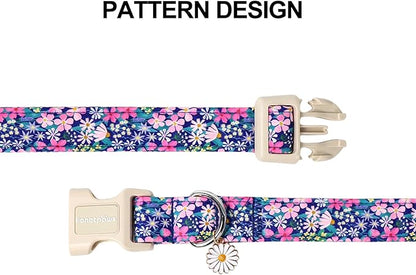 Lionet Paws Floral Dog Collar- Cute Spring Wildflowers Daisy Fleabane Dog Collars with Plastic Buckle,Light Adjustable Dog Collars for Medium Large Dogs