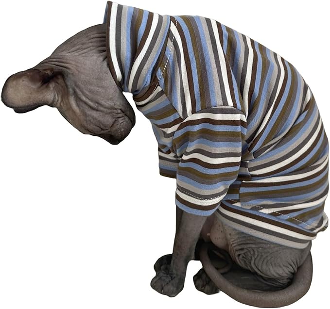 Vintage Stripes Sphynx Hairless Cats Shirt Cotton Cat Turtleneck Pet Clothes Kitten T-Shirts with Sleeves for Sphynx Cats (Storm, Medium)