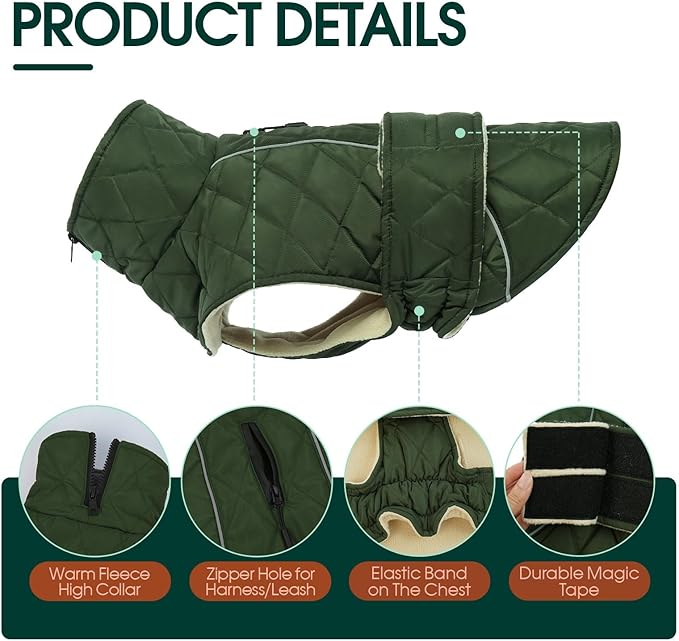 Kuoser Dog Coat, Super-Warm Dog Jacket Windproof Pet Cold Weather Coats for Extra Large Dogs, Fleece Lining Quilted Turtleneck Puppy Snowsuit Reflective Adjustable Doggie Winter Clothes, Green, 3XL