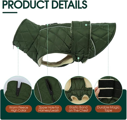 Kuoser Dog Coat, Super-Warm Dog Jacket Windproof Pet Cold Weather Coats for Extra Large Dogs, Fleece Lining Quilted Turtleneck Puppy Snowsuit Reflective Adjustable Doggie Winter Clothes, Green, 3XL