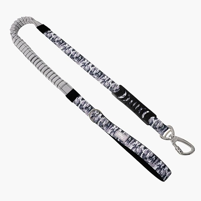 DF Co. Bungee Dog Leash | Strain Free & Shock Resistant for Control | Neoprene Padded Handle, Heavy-Duty Carabiner Clip, and D-Ring | Grey Camo, Size Small