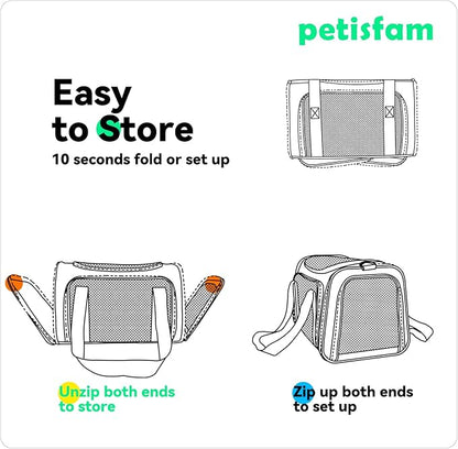 Quick-in Pet Carrier Bag for Cats & Dogs. Airy Mesh Windows Let Fur-Kids See You Reduce Anxiety & Breath Easy. Rip-Stop Fabric & Lockable Zips Hug Securely. Washable Comfy Pad. Collapsible
