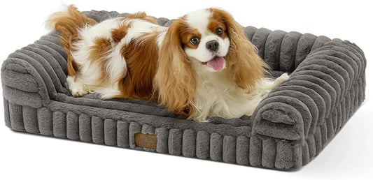COZY KISS Cute Dog Bed for Small Dogs, Faux Rabbit Fur Orthopedic Foam Dog Bed with Sides, Removable Washable Cover & Waterproof Lining, Comfortable Pet Couch, Grey (30" L x 20" W x 6" Th)