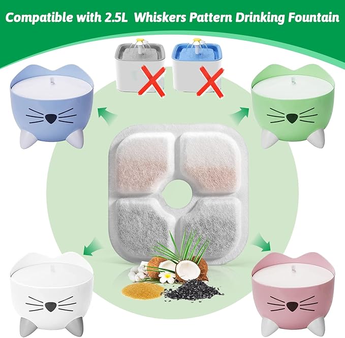 Cat Water Fountain Replacement Filters Fit for 2.5L Fountain with Whiskers Pattern Triple Action Water Pet Cat Drinking Fountain Filter Pack of 8