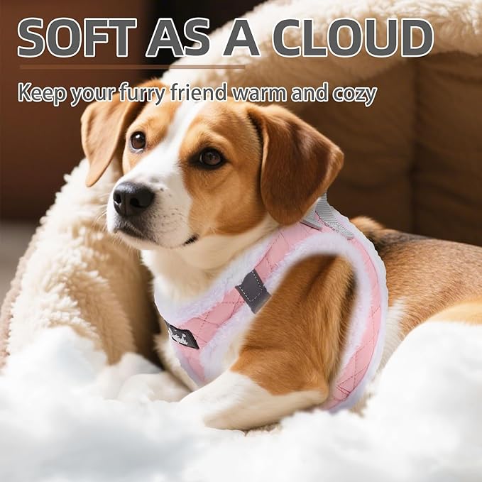 PUPTECK Plush Dog Harness and Leash Set for Small Medium Dogs No Pull Step-in Soft Mesh Puppy Cat Winter Vest Harnesses Reflective at Night Warm, Plush Pink, M
