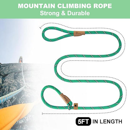 5 FT Slip Lead, Heavy Duty Rope Leash for Small to Large Dogs, No Pull Training Lead with Reflective Thread, Strong Comfortable Loop (Green Stripe, Large(1/2"))