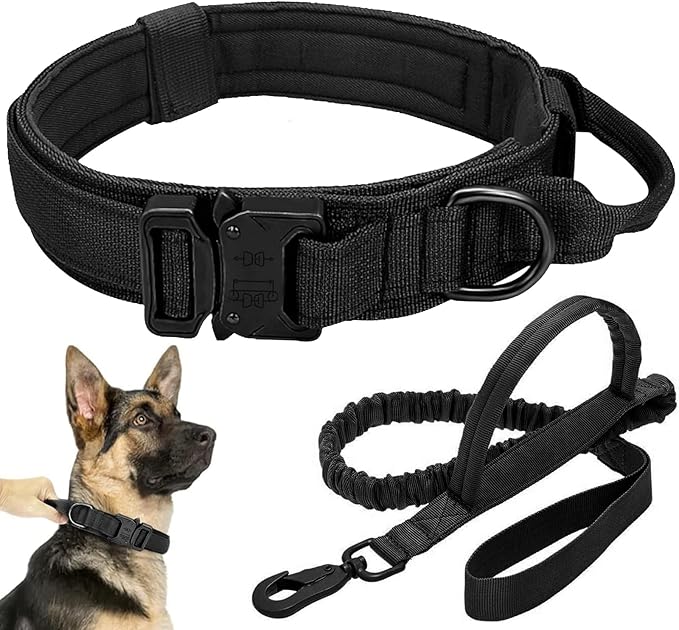 Tactical Dog Collar Leash Set, Adjustable Military Training Nylon Collar Dog Training with Control Handleand Metal Buckle, Dog Collar for Medium Large Dogs (Black,M)