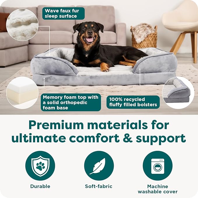 Furhaven Memory Foam Dog Bed for Large Dogs w/ Removable Bolsters & Washable Cover, For Dogs Up to 95 lbs - Plush & Velvet Waves Perfect Comfort Sofa - Granite Gray, Jumbo/XL