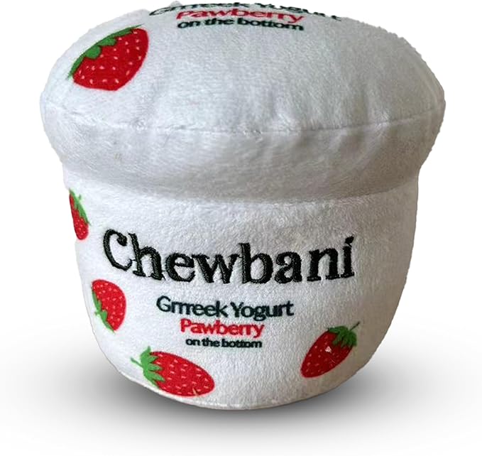 Chomp Haus Chewbani Grrreek Yogurt – Luxurious Plush Dog Toy with Squeaker, Premium Fabric, Embroidered Details, Designer-Inspired Chew Toy, Fun Gift for Small to Medium Dogs & Dog Lovers
