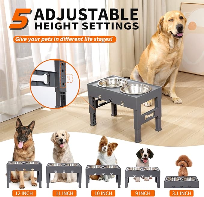 LAKIPETN Elevated Dog Bowls with 2 Stainless Steel Bowls, Raised Dog Food Bowl Stand 5 Height Adjustable (3.1", 9", 10", 11", 12") Non-Slip Feeder Set for Medium and Large Dogs - Gray